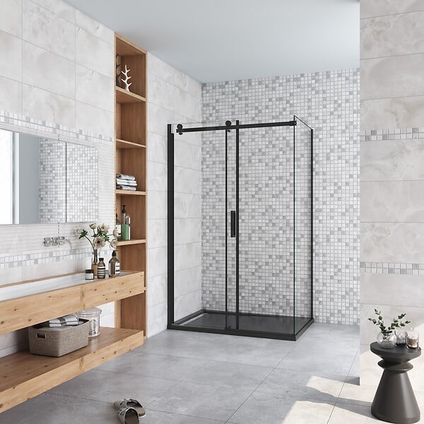 AICA SANITAIRE - AICA cabine de douche coulissante 100x90x200cm porte de douche + paroi latérale Hauteur 200cm En 8mm verre anticalcaire profilé noir mat - large