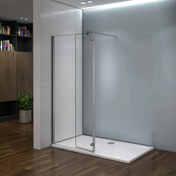 AICA SANITAIRE - Paroi de douche avec retour pivotant 90+40x200cm, charnières, AICA paroi de douche à l'italienne en verre anticalcaire avec barre de fixation 140cm en carré - large