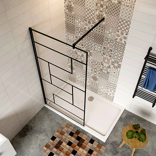 AICA SANITAIRE - Paroi de douche 140x200cm avec barre de fixation noire 140cm en carré, AICA paroi de douche à l'italienne en 8mm verre anticalcaire style moderne - large