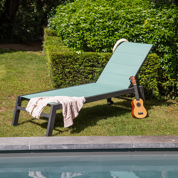 HAPPY GARDEN - Bain de soleil BARBADOS en textilène vert d'eau - aluminium anthracite - large