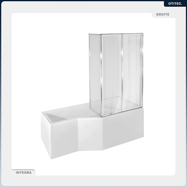 BESCO - Baignoire asymétrique - 170 x 75 cm - Droite - sans Habillage - avec Pieds - Pare Baignoire 3 Volets - Vidage Chrome - INTEGRA - large