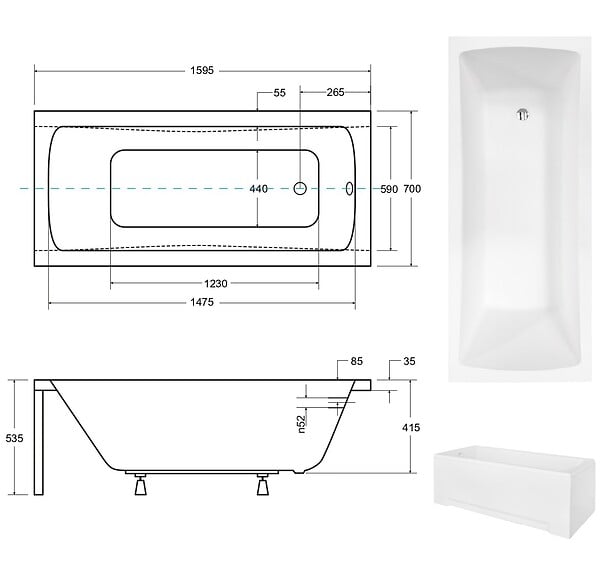 BESCO - Baignoire rectangulaire 160 x 70 cm + tablier noir mat + repose tête - OPTIMA - large