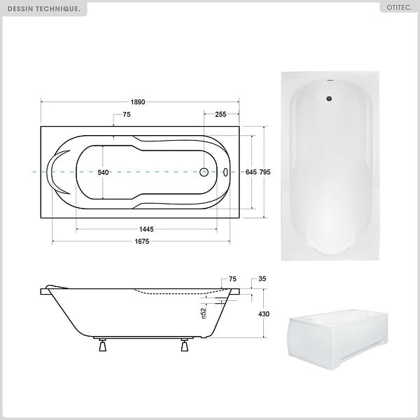 BESCO - Baignoire rectangulaire - 190 x 80 cm - sans Habillage - avec Pieds - Repose-tête - Vidage Chrome - BONA - large