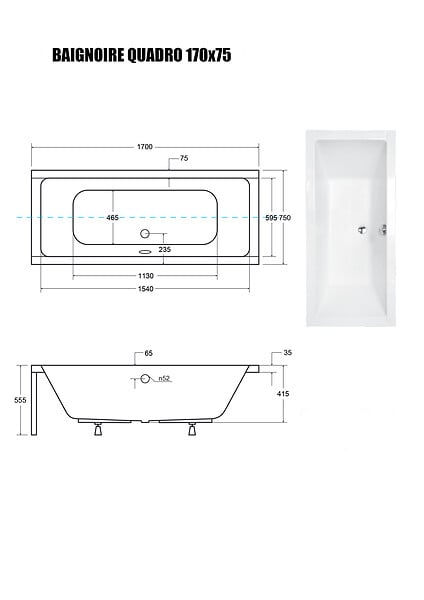 OTITEC - Baignoire Droite sans Tablier - 170 x 75 cm - QUADRO SANS TABLIER - REPOSE-TÊTE OFFERT - large