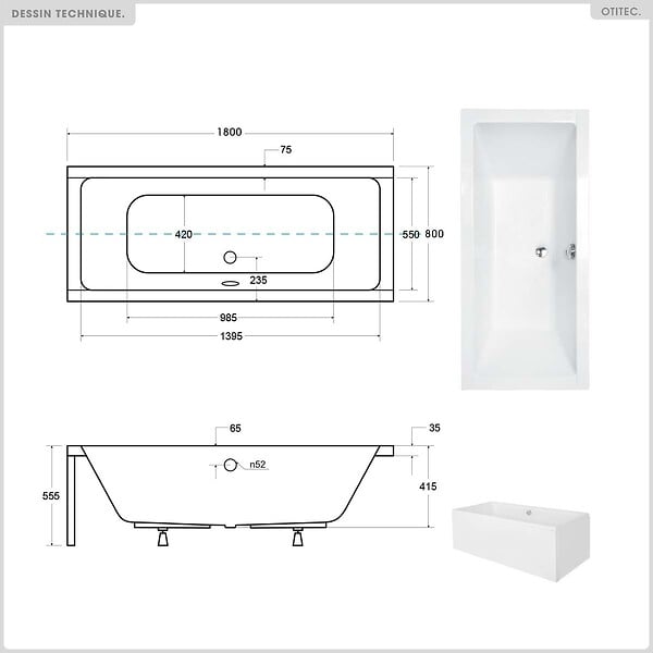 OTITEC - Baignoire rectangulaire - 180 x 80 cm - sans Habillage - avec Pieds - Repose-tête - Étagère bambou - Vidage Chrome - QUADRO - large