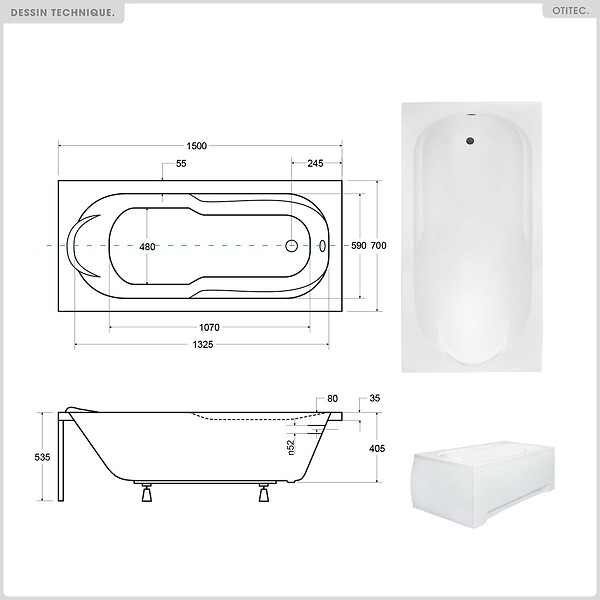 BESCO - Baignoire rectangulaire - 150 x 70 cm - avec Habillage Polystyrène - Pieds - Vidage Chrome - BONA - large