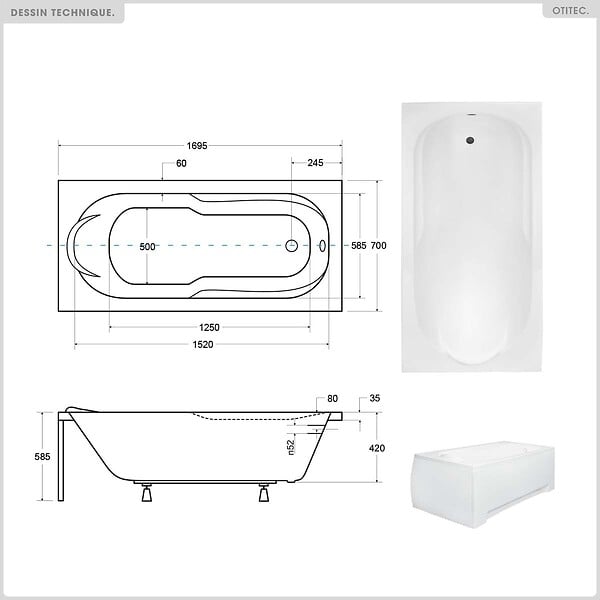BESCO - Baignoire rectangulaire - 170 x 70 cm - sans Habillage - avec Pieds - Repose-tête - Vidage Chrome - BONA - large