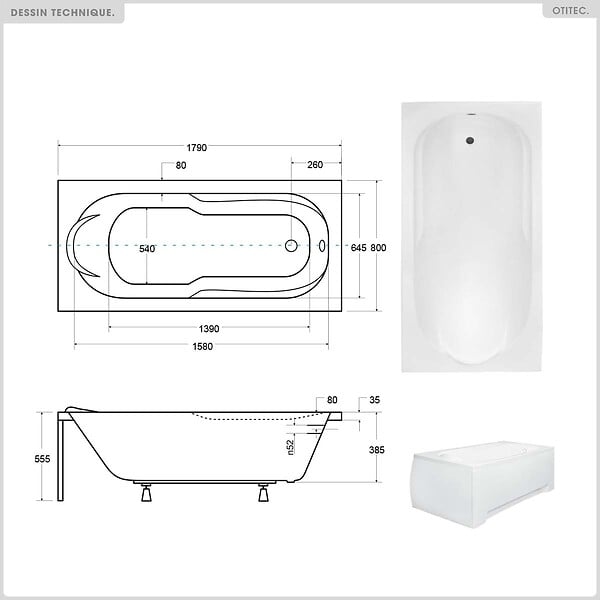 BESCO - Baignoire rectangulaire - 180 x 80 cm - sans Habillage - avec Pieds - Étagère bambou - Vidage Chrome - BONA - large