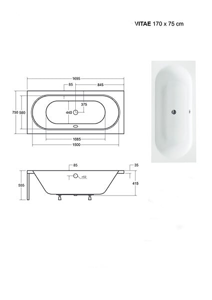 BESCO - Baignoire Droite sans Tablier - 170 x 75 cm - VITAE SANS TABLIER - REPOSE-TÊTE OFFERT - large