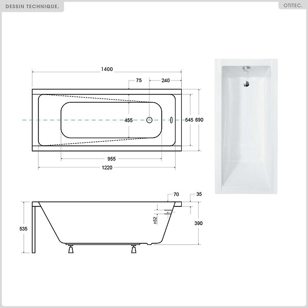 BESCO - Baignoire rectangulaire - 140 x 70 cm - avec Habillage Polystyrène - Pieds - Vidage Chrome - MODERN SLIM - large