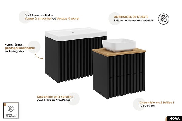 OTITEC - Ensemble complet de salle de bain - Meuble - Colonne - Miroir - Vasque à encastrer avec Siphon OFFERT | NOVA | Noir | 60 x 56 x 45 cm - large