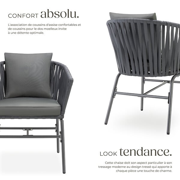 TECTAKE - Ensemble de chaises VALEIRAS effet corde tressée gris foncé/gris foncé - large