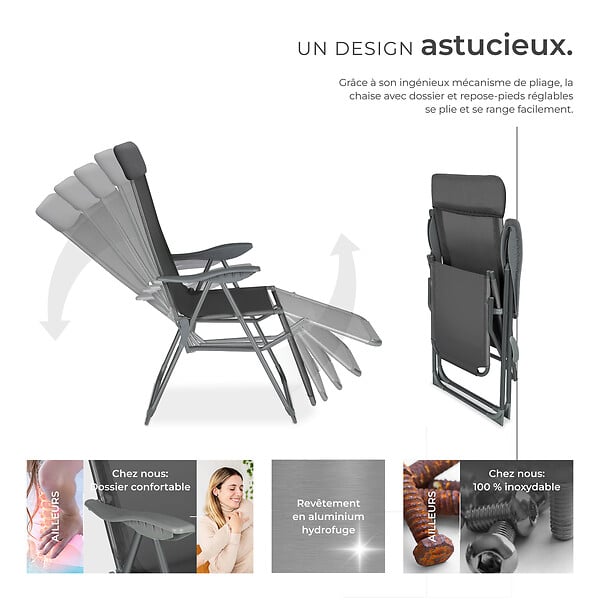 TECTAKE - 2 chaises de jardin pliantes en aluminium avec appui-tête et repose-pieds gris anthracite - large