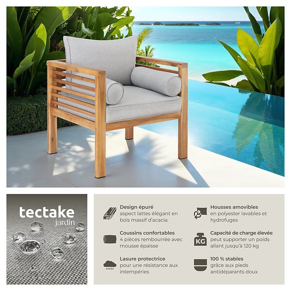 TECTAKE - Fauteuil de jardin Boka, bois lasuré, supporte env. 120 kg marron - large