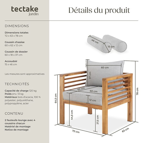 TECTAKE - Fauteuil de jardin Boka, bois lasuré, supporte env. 120 kg marron - large
