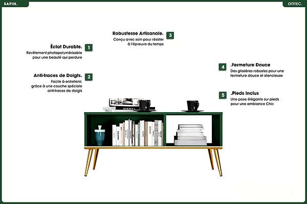 OTITEC - Table Basse - H.42 x L.90 x P.60 cm - SAPIN - large