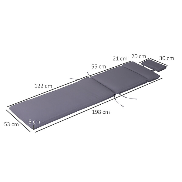 OUTSUNNY - Outsunny Matelas bain de soleil - coussin de transat - matelas de chaise longue - dim. 198L x 53l x 5H cm - coussin zippé déhoussable - tétière, cordons d'attache - polyester gris - large