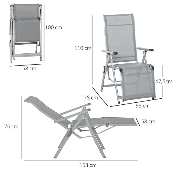 OUTSUNNY - Chaise longue pliable dossier & repose-pied réglable multi-positions métal époxy textilène gris - large
