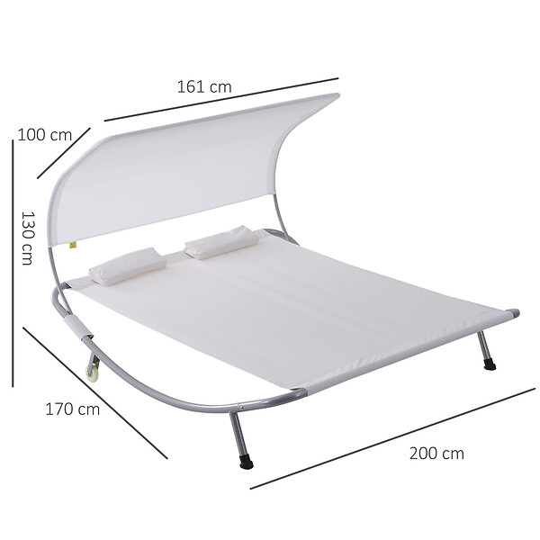 OUTSUNNY - Bain de soleil 2 places lit de jardin design contemporain toit réglable 2 roulettes 2 oreillers acier époxy polyester crème - large