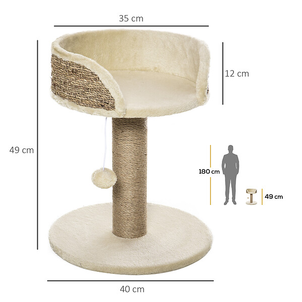 PAWHUT - Arbre à chat griffoir 2 niveaux H. 49 cm - poteau sisal, plateforme observation, jeu de boule suspendue - jute polyester beige - large