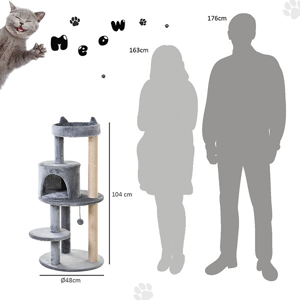 PAWHUT - Arbre à chats multi-équipements griffoirs grattoirs plateformes niche jeu boule suspendue Ø 48 x 104H cm gris - large
