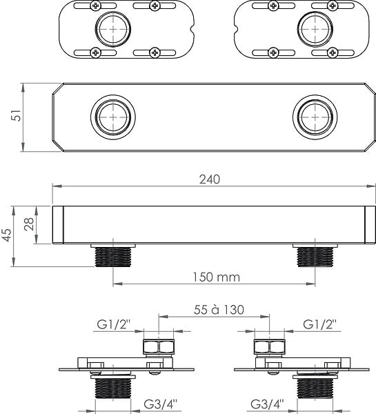 ONDEE - Adaptateur multi-entraxe pour robinetterie murale à entraxe non standard - large