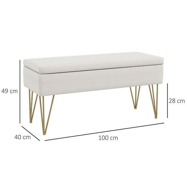 HOMCOM - Banquette coffre de rangement 2 en 1 design art déco - piètement épingle acier doré tissu crème - large