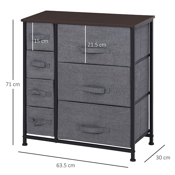 HOMCOM - Meuble de rangement commode design 64L x 30l x 71H cm 7 tiroirs métal MDF non tissé noir - large