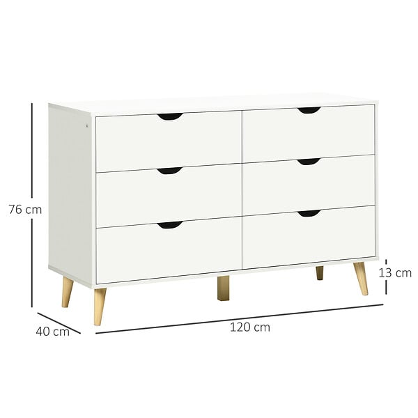 HOMCOM - Commode 6 tiroirs design scandinave piètement effilé incliné bois pin panneaux blanc - large