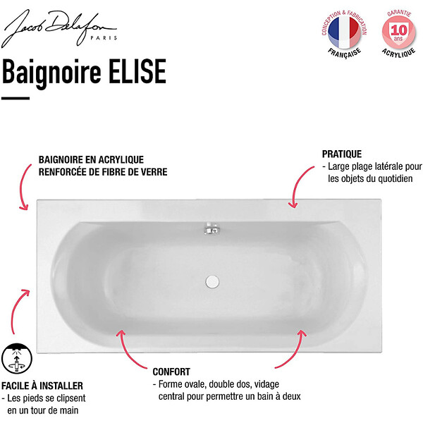 JACOB DELAFON - Baignoire droite Elise, deux places + nettoyant 170 X 75 - large