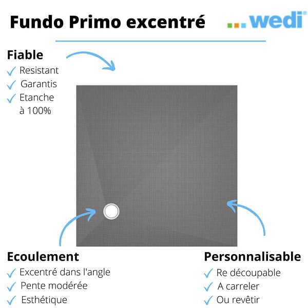 WEDI - Receveur à carreler FUNDO PRIMO écoulement excentré - Receveur carré à écoulement excentré 1500 x 1500 x 40 mm - large