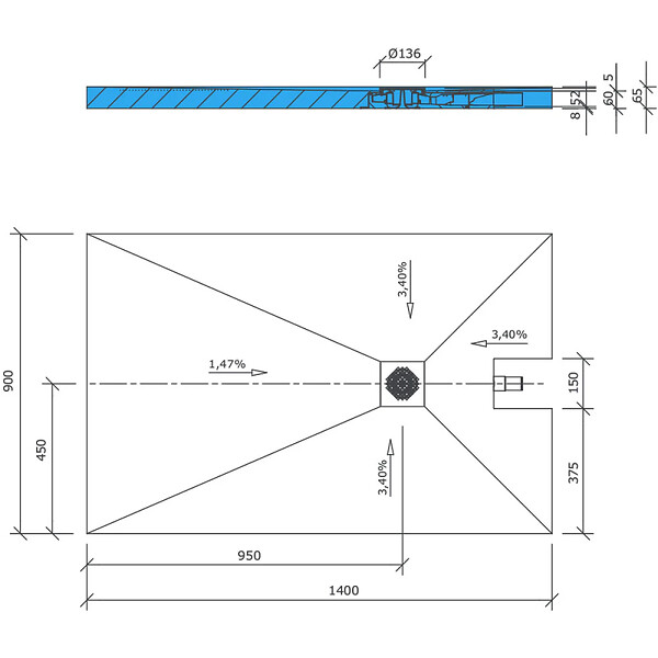 WEDI - Receveur à carreler 140 x 90 cm Fundo Plano, bonde intégrée + kit d'étanchéité - large