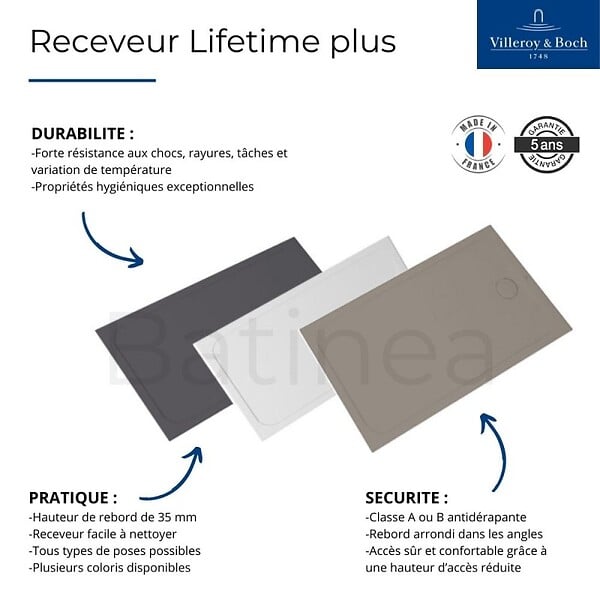 VILLEROY ET BOCH - Receveur de douche extra plat LIFETIME PLUS - rectangulaire - 140x90 cm - large