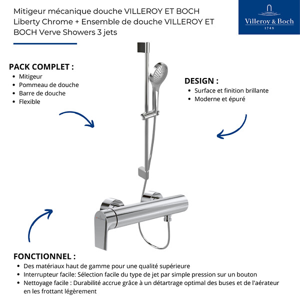 VILLEROY ET BOCH - Mitigeur mécanique douche  Liberty Chrome + Ensemble de douche  Verve Showers 3 jets Chrome - large
