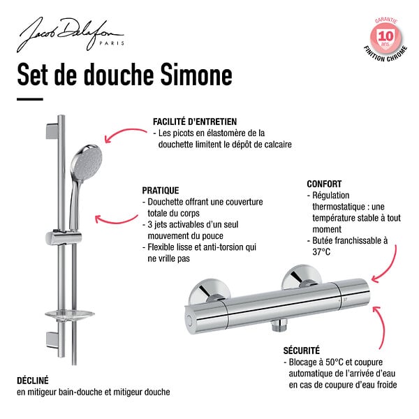 JACOB DELAFON - Mitigeur de douche thermostatique Simone + barre + pommeau de douche + nettoyant - large