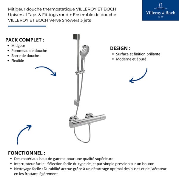 VILLEROY ET BOCH - Mitigeur douche thermostatique  Universal rond + Ensemble de douche Verve Showers 3 jets chromé - large
