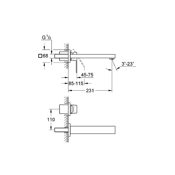 GROHE - Mitigeur lavabo mural Eurocube taille M + corps encastré - large