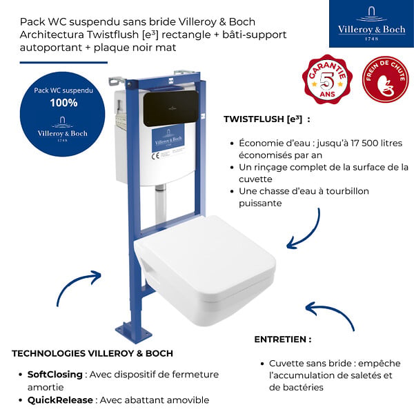 VILLEROY ET BOCH - Pack WC suspendu sans bride Architectura Twistflush [e³] rectangle + bâti-support sol et mur + plaque noir - large