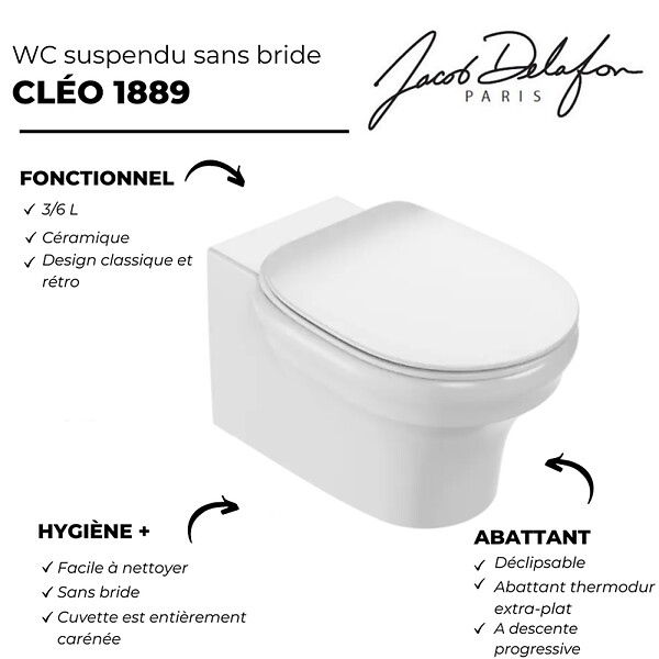 JACOB DELAFON - Pack WC suspendu sans bride à économie d'eau Cléo 1889 +  abattant + bâti-support + plaque rectangle blanche - large