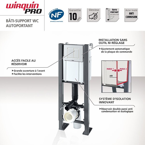 THALASSOR - Pack WC Bâti universel Wirquin Pro + Cuvette MEZZO sans bride 49 cm + Plaque noir mat - large