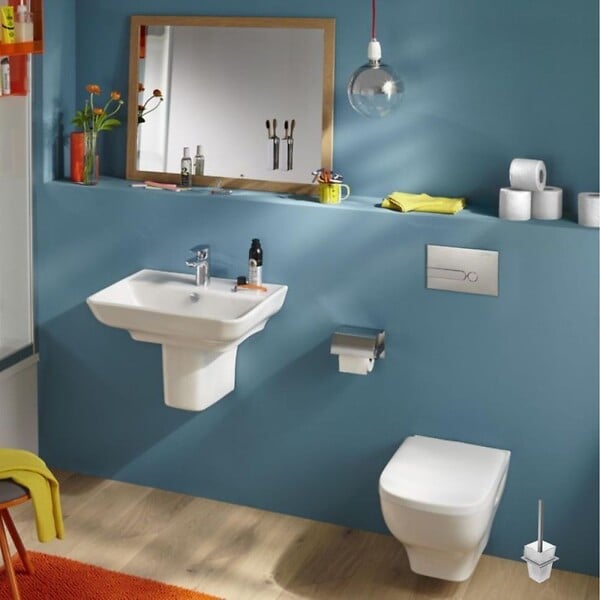 JACOB DELAFON - Pack WC suspendu sans bride Struktura+ bâti-support + plaque blanc + tabouret bois - large