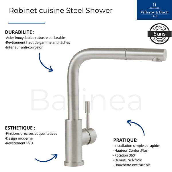 VILLEROY ET BOCH - Evier  Subway Pure 60 égouttoir à droite vidage auto + Robinet de cuisine Steel Shower Acier Massif - large