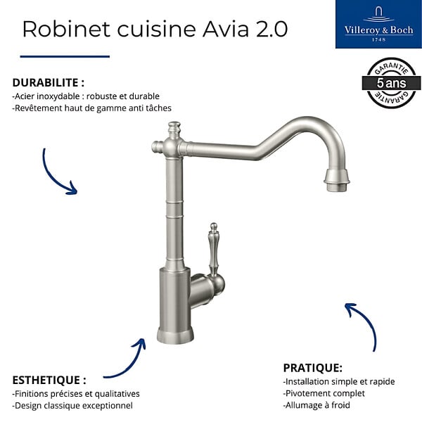 VILLEROY ET BOCH - Evier  Timbre d'office Tradition 2 cuves vidage auto + Robinet de cuisine Avia 2.0 Bronze - large