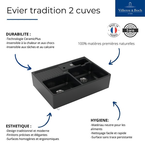 VILLEROY ET BOCH - Evier 2 cuves timbre office  Tradition Pure Black CeramicPlus avec vidage automatique - large