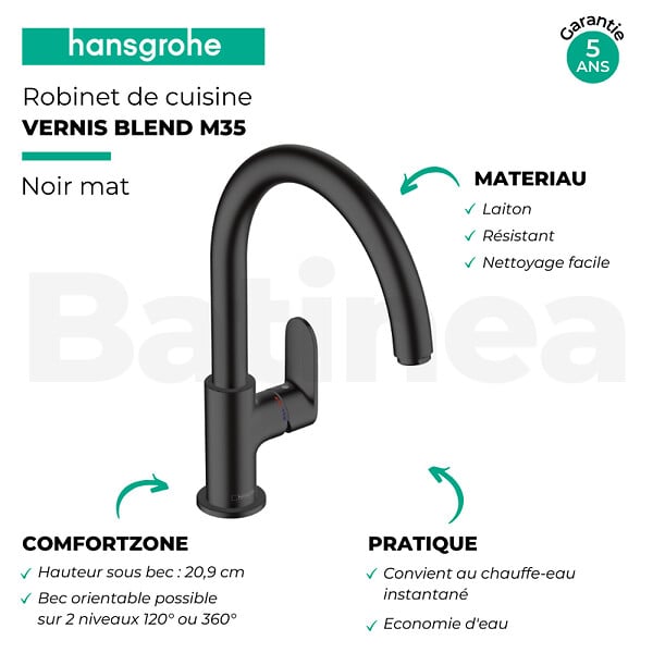 HANSGROHE - Evier 1 bac 980 S52 synthèse noir + robinet de cuisine Vernis Blend M35 210 noir mat - large
