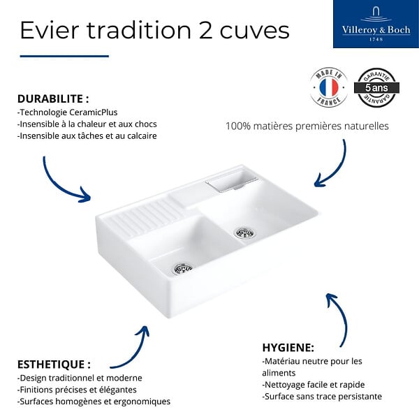 VILLEROY ET BOCH - Evier timbre d'office  Tradition 89,5 x 63 céramique vidage auto blanc - large