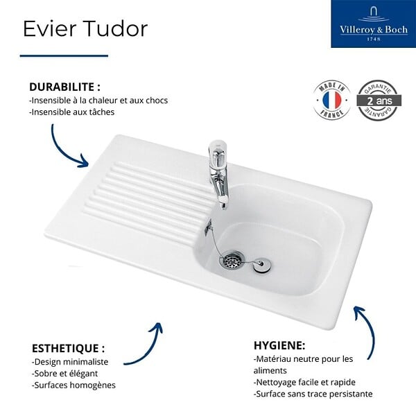 VILLEROY & BOCH - Villeroy & Boch Tudor Évier à encastrer 92x51cm avec égouttoir réversible, Céramique, Blanc (67610301) - large
