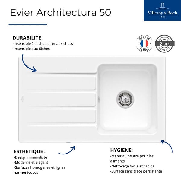 VILLEROY ET BOCH - Evier 86 x 51 cm  Architectura 50 Blanc - large
