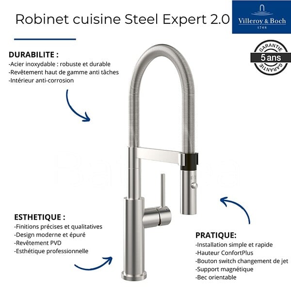 VILLEROY ET BOCH - Robinet cuisine  Steel expert 2.0 acier massif - large
