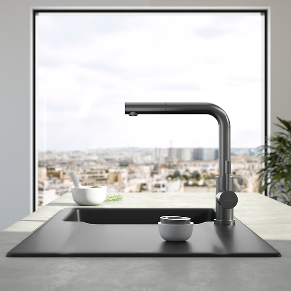 VILLEROY ET BOCH - Robinet cuisine  Steel Shower anthracite + nettoyant - large